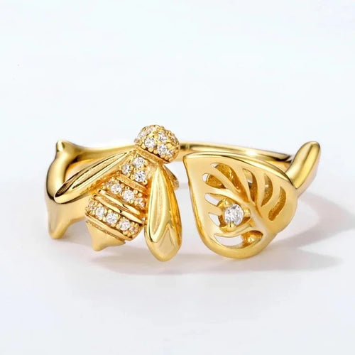 18K Gold Plated Adjustable Bee Ring – Sterling Silver & Zircon Elegance